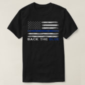 青い細いブルーラインアメリカの旗警察を支持する Tシャツ (デザイン正面)