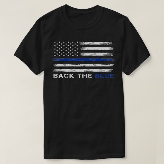 青い細いブルーラインアメリカの旗警察を支持する Tシャツ (デザイン正面)