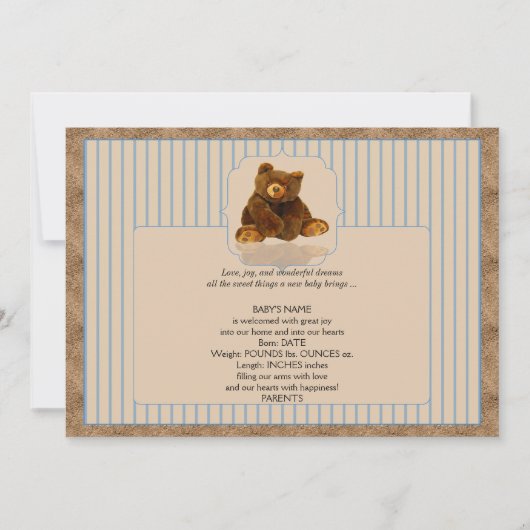 青い細い縦縞のテディー・ベアのベビーの発表 案内状 (正面)