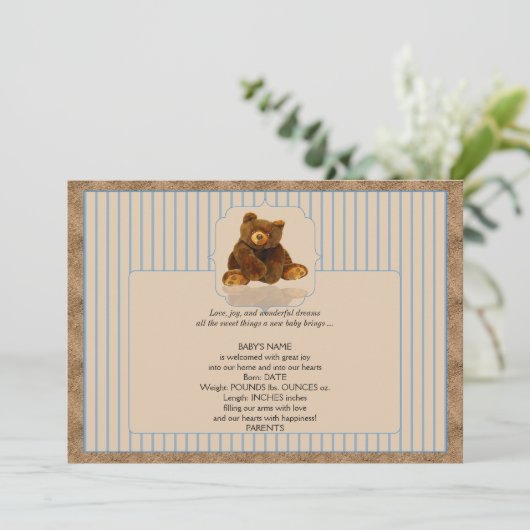 青い細い縦縞のテディー・ベアのベビーの発表 案内状 (スタンド正面)