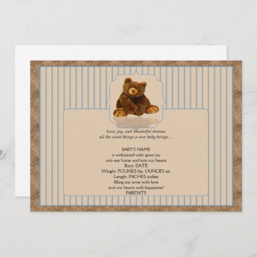 青い細い縦縞のテディー・ベアのベビーの発表 案内状 (正面/裏面)