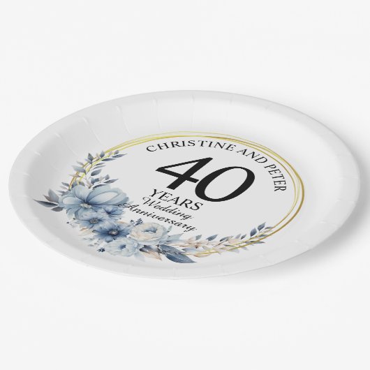 青い結婚フローラ記念日エレガント(40) ペーパープレート (アングル)