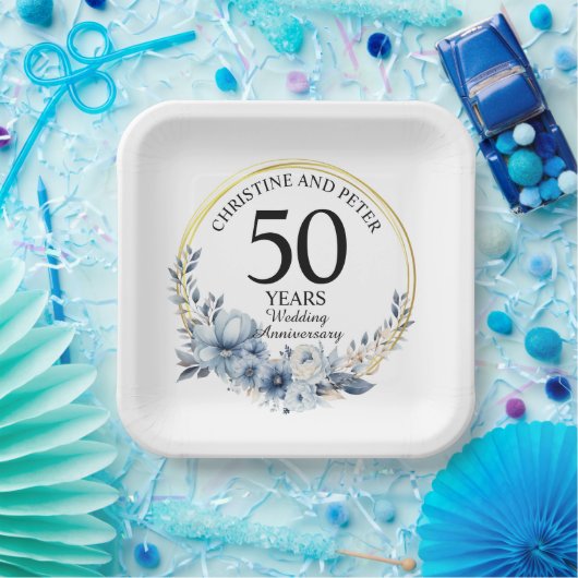 青い結婚フローラ記念日エレガント(50) ペーパープレート (パーティー)