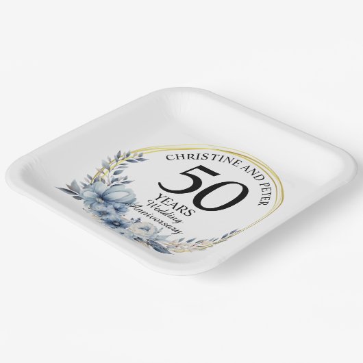 青い結婚フローラ記念日エレガント(50) ペーパープレート (傾斜あり)
