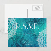 青い結婚ロータスパターンのr.s.v.p.カード インビテーションポストカード (正面/裏面)