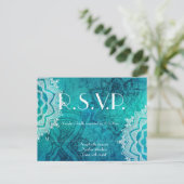 青い結婚ロータスパターンのr.s.v.p.カード インビテーションポストカード (スタンド正面)