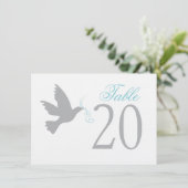 青い結婚式のテーブルナンバーが付いた灰色の鳩 招待状 (スタンド正面)