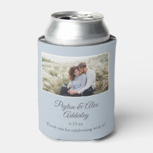 青い結婚式の引き出物フォトカップルの写真、名前Can 缶クーラー