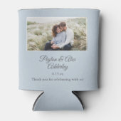 青い結婚式の引き出物フォトカップルの写真、名前Can 缶クーラー (正面)