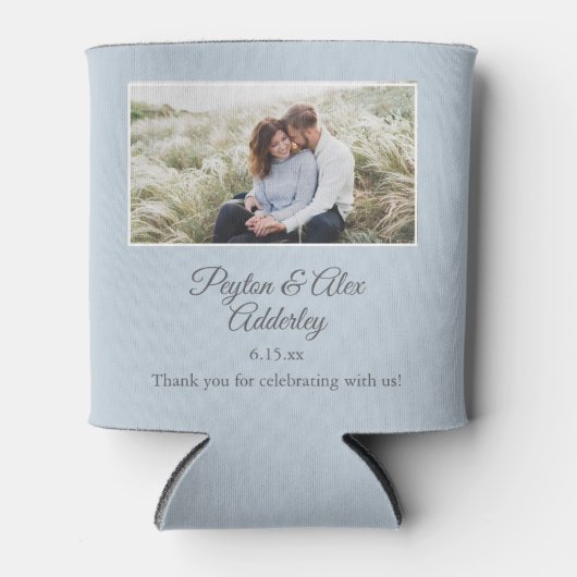 青い結婚式の引き出物フォトカップルの写真、名前Can 缶クーラー (正面)