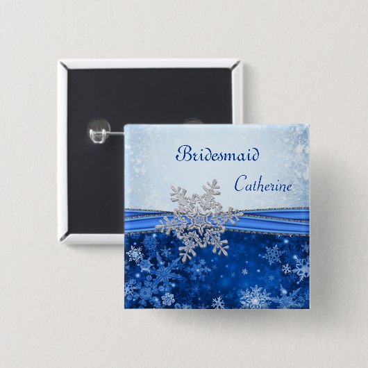 青い結婚式の新婦付添人の銀製の雪片 缶バッジ (正面&裏面)