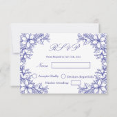 青い結婚式の返信カード　華麗な花の装飾付き 出欠カード (正面)