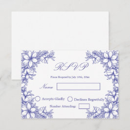 青い結婚式の返信カード　華麗な花の装飾付き 出欠カード