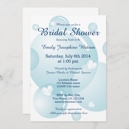 青い結婚式はブライダルシャワー招待状泡立ちます 招待状 (正面/裏面)