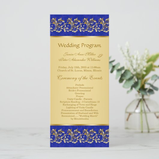 青い結婚式 プログラムカードに金色の葉の渦巻き プログラム (スタンド正面)