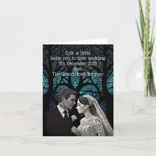 青い結婚生命の木に紙で作られた夫婦 招待状 (正面)