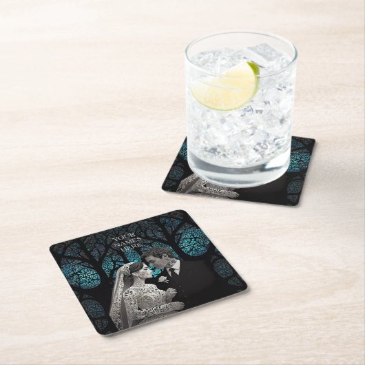 青い結婚生命の木の上の美しい夫婦 スクエアペーパーコースター (インサイチュ)