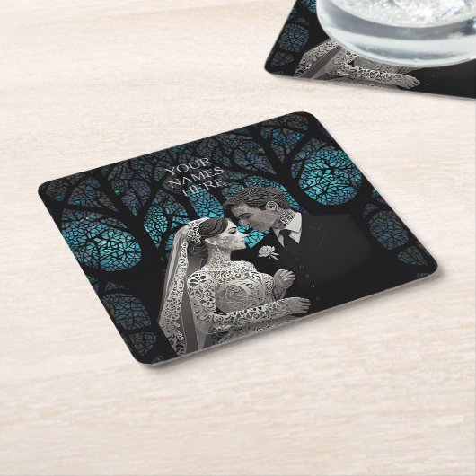 青い結婚生命の木の上の美しい夫婦 スクエアペーパーコースター (アングル)