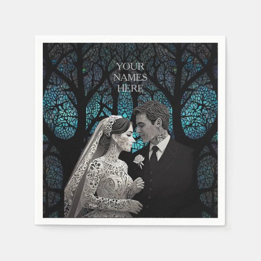 青い結婚生命の木の上の美しい夫婦 スタンダードカクテルナプキン (正面)