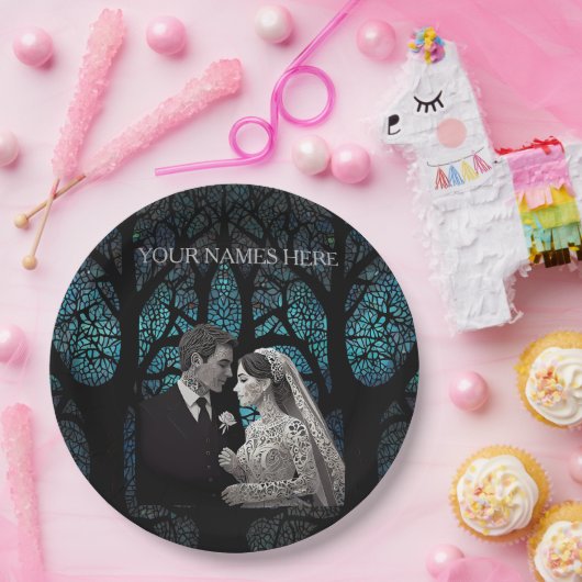 青い結婚生命の木の上の美しい夫婦 ペーパープレート (パーティー)