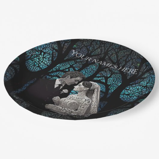 青い結婚生命の木の上の美しい夫婦 ペーパープレート (アングル)