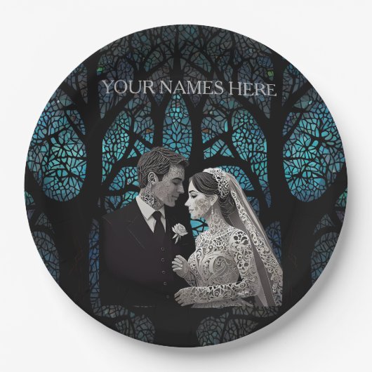 青い結婚生命の木の上の美しい夫婦 ペーパープレート (正面)