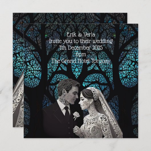 青い結婚生命の木の上の美しい夫婦 招待状 (正面/裏面)