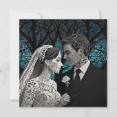 青い結婚生命の木の上の美しい夫婦 招待状 (裏面)
