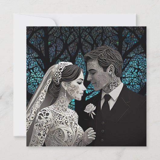 青い結婚生命の木の上の美しい夫婦 招待状 (裏面)