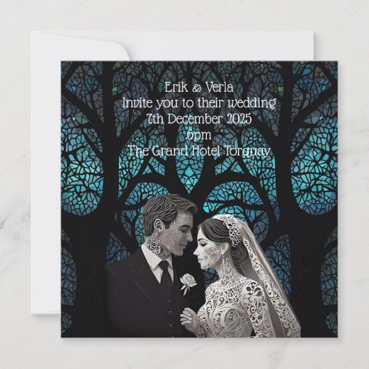 青い結婚生命の木の上の美しい夫婦 招待状 (正面)