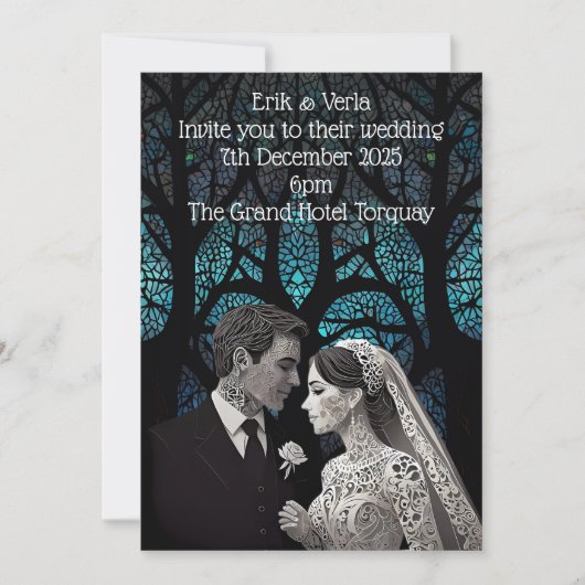 青い結婚生命の木の上の美しい夫婦 招待状 (正面)