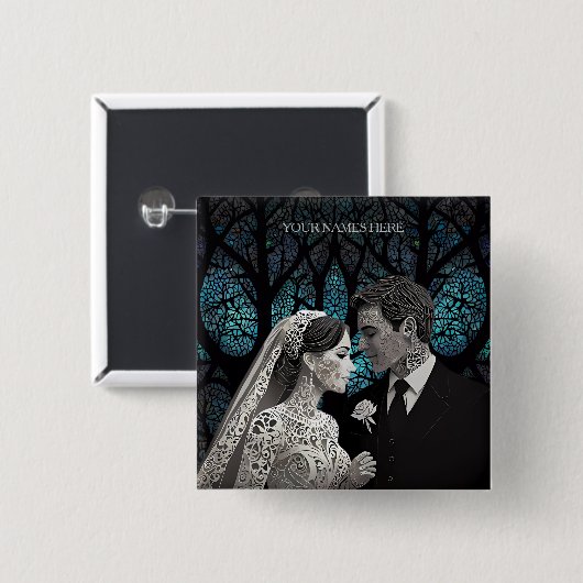 青い結婚生命の木の上の美しい夫婦 缶バッジ (正面&裏面)
