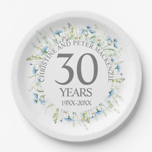 青い結婚花の記念日 ペーパープレート (正面)