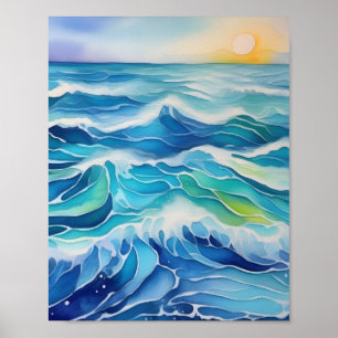 青い絵を描海の波の水色 ポスター