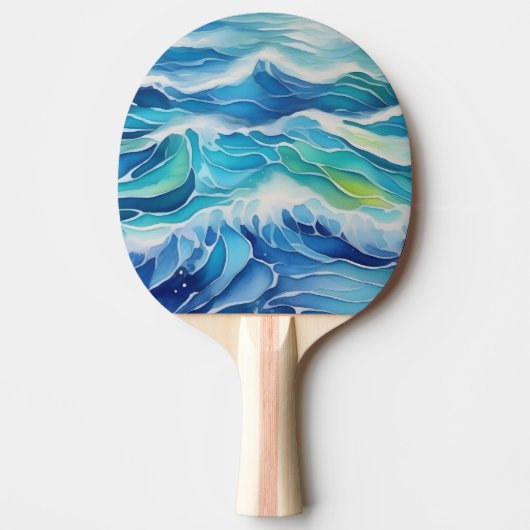 青い絵を描海の波の水色 卓球ラケット (正面)