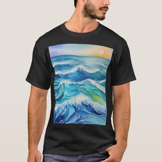 青い絵を描海の波の水色 Tシャツ (正面)
