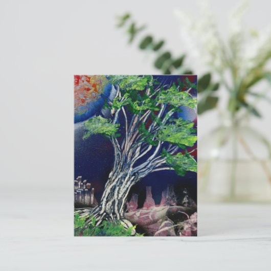青い絵画都市とオレンジ色の太陽を持つ木の ポストカード (スタンド正面)