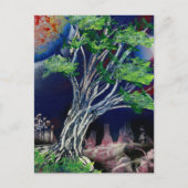 青い絵画都市とオレンジ色の太陽を持つ木の ポストカード (正面)