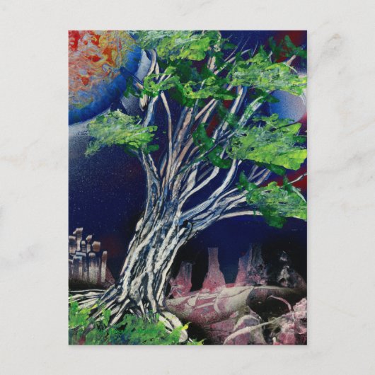 青い絵画都市とオレンジ色の太陽を持つ木の ポストカード (正面)