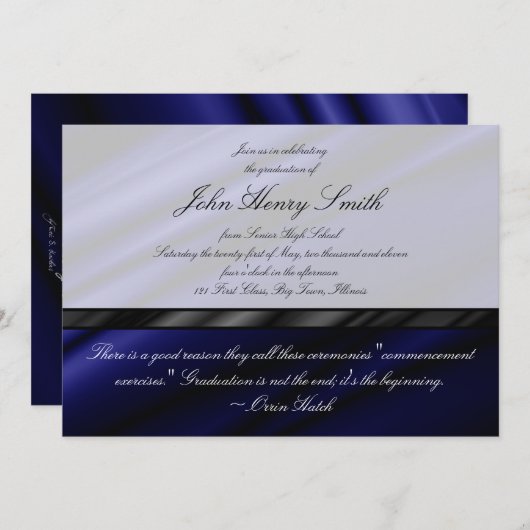 青い絹の卒業の招待状か発表 招待状 (正面/裏面)