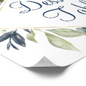 青い緑とゴールドの葉のデザートテーブルサイン ポスター (角)