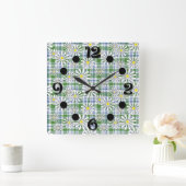 青い緑に白いカモミールの市松模様に花 スクエア壁時計 (ホーム)