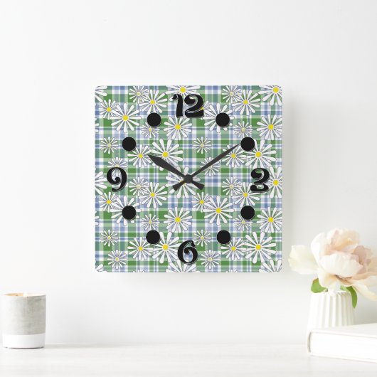 青い緑に白いカモミールの市松模様に花 スクエア壁時計 (ホーム)