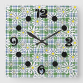 青い緑に白いカモミールの市松模様に花 スクエア壁時計 (正面)