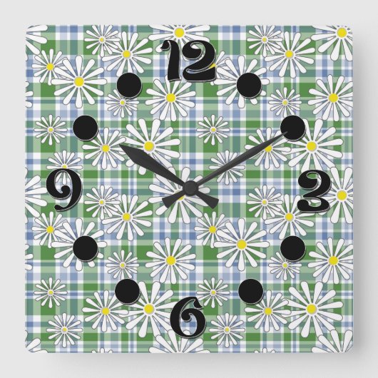 青い緑に白いカモミールの市松模様に花 スクエア壁時計 (正面)