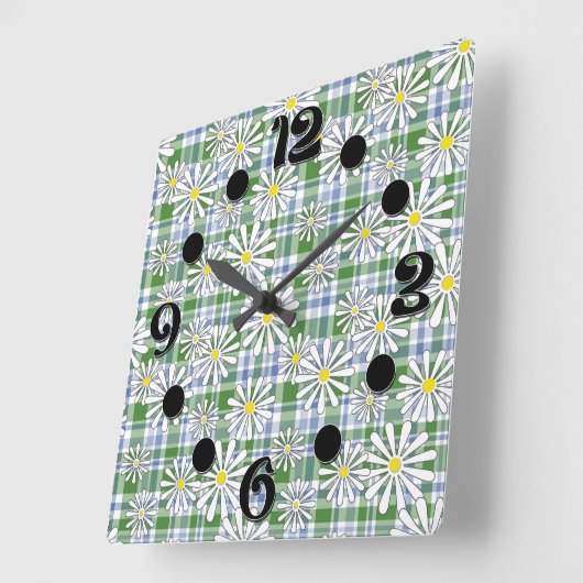 青い緑に白いカモミールの市松模様に花 スクエア壁時計 (傾斜)