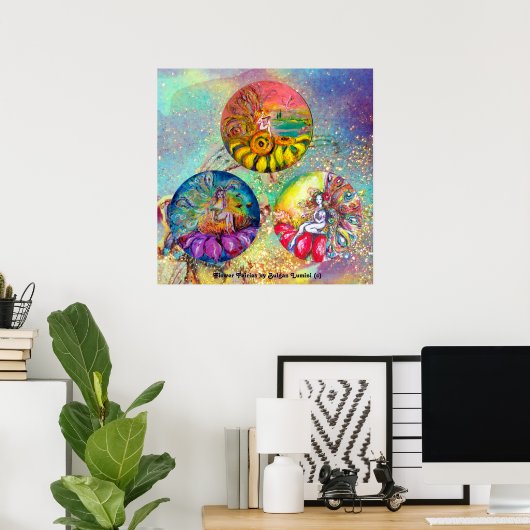 青い緑のキラキラした花の妖精の金ゴールド ポスター (ホームオフィス)