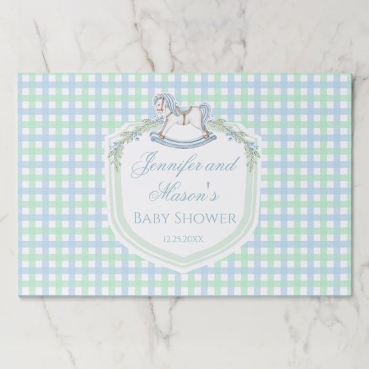 青い緑のギンガムロッキングウズクレスト赤ちゃんシャワー ペーパーパッド (正面)