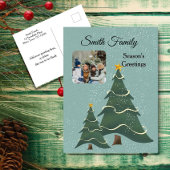 青い緑のクリスマスツリーのヴィンテージシーンの写真 シーズンポストカード