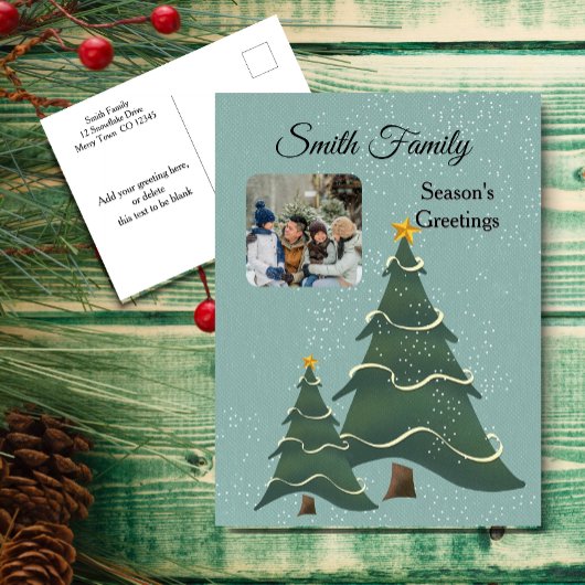 青い緑のクリスマスツリーのヴィンテージシーンの写真 シーズンポストカード